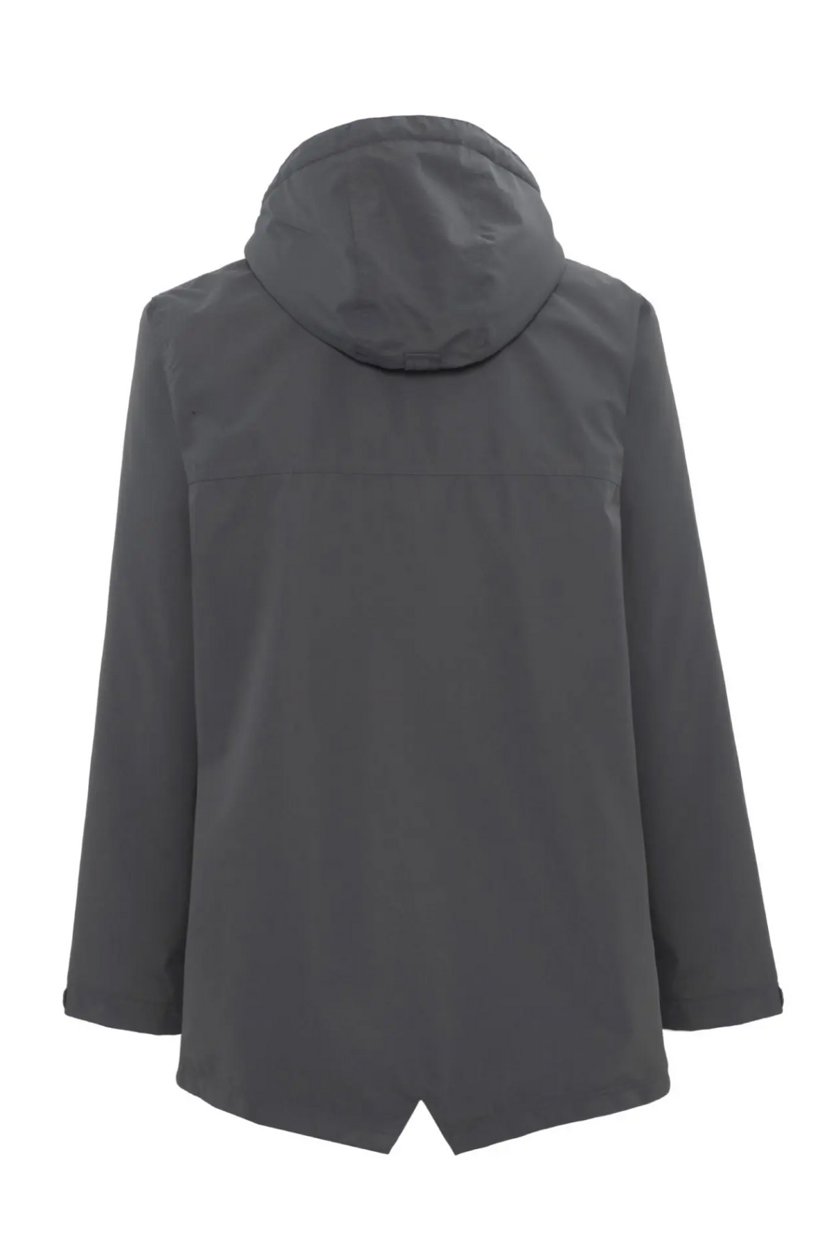 The back view of the Rainbird Altair Jacket showcases a dark gray, windproof design with long sleeves, a slightly curved hem, and fleece lining for warmth, ideal for casual or outdoor wear.