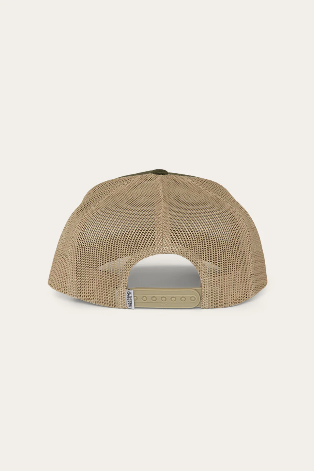 The Ringers Western Jaxton Trucker Cap is displayed from the back, highlighting its adjustable strap and small sizing holes. This beige mesh cap features a cotton twill green top panel and a curved brim, all set against a plain light background.