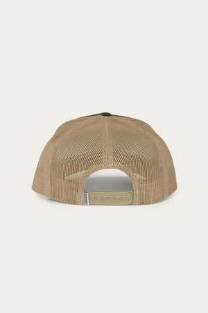 The Ringers Western Jaxton Trucker Cap is displayed from the back, highlighting its adjustable strap and small sizing holes. This beige mesh cap features a cotton twill green top panel and a curved brim, all set against a plain light background.