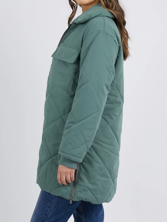 Against a light gray background, a person stands sideways wearing the Foxwood Whitley Jacket—a long, quilted green coat with zippered side splits and a large chest pocket—perfectly matched with blue jeans.