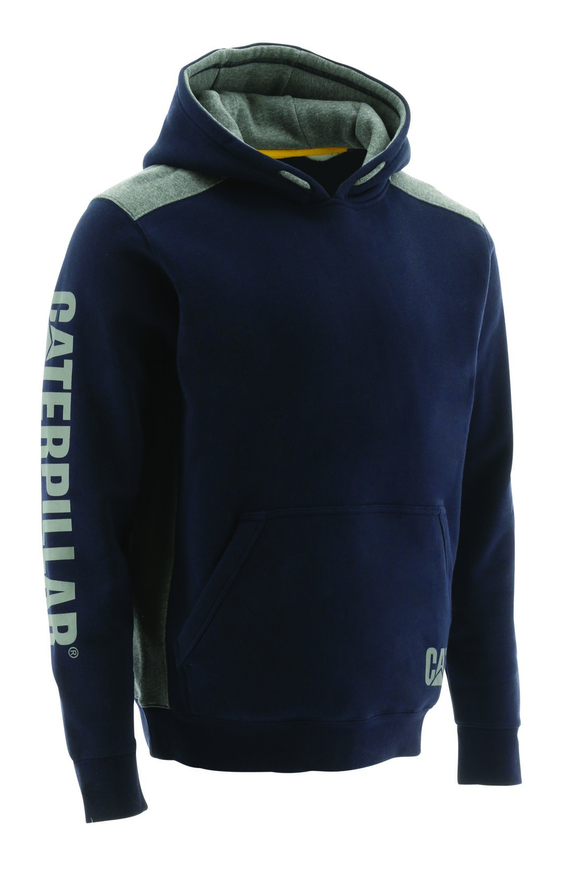 A navy blue CAT Logo Panel Hooded Sweat with grey accents on the shoulders and inner hood. It prominently displays the word "Caterpillar" in bold white letters running down the length of the right sleeve. The sweatshirt includes a large kangaroo pocket at the front and a hidden velcro phone pocket for convenience.