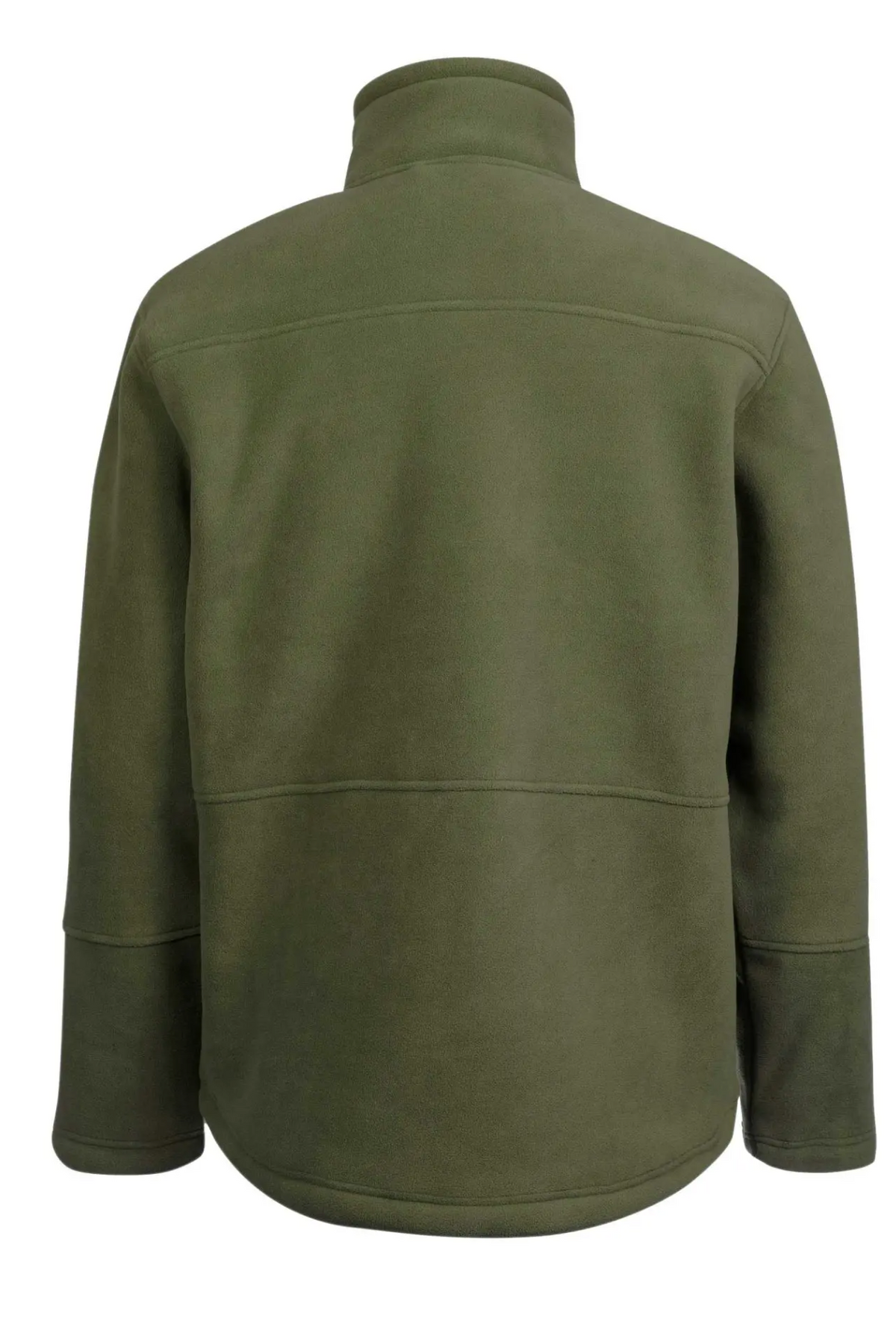 Back view of the Rainbird Lumber Jacket in olive green, featuring a fleece lining, high collar, long sleeves, straight hem, and visible stitching across the shoulders and waist. Crafted from polyester.