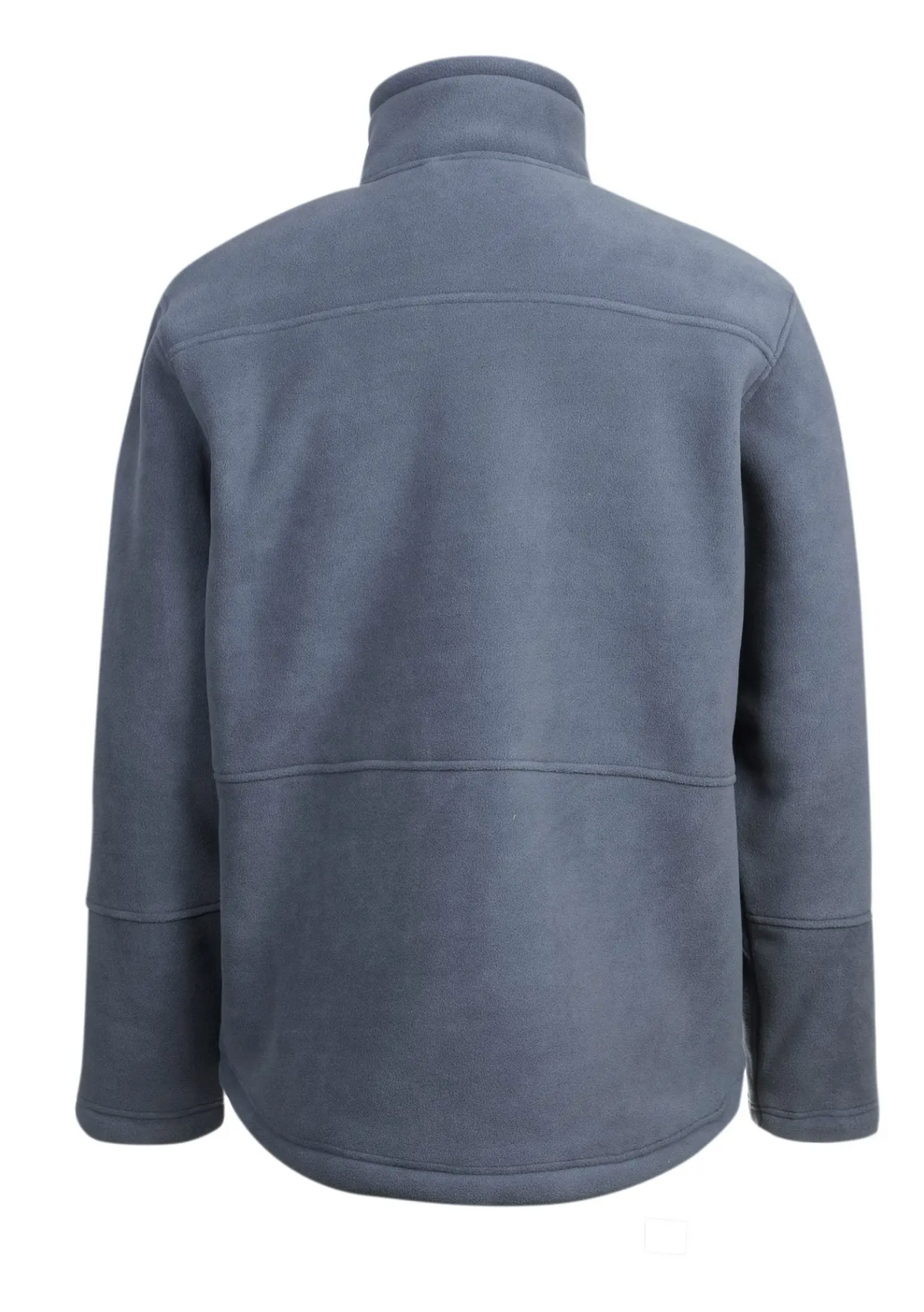 A back view of the long-sleeved, dark gray Rainbird Lumber Jacket features a stand-up collar and seams running horizontally across both the shoulders and mid-section. Made from soft polyester, this fleece-lined jacket offers a simple and cozy design.