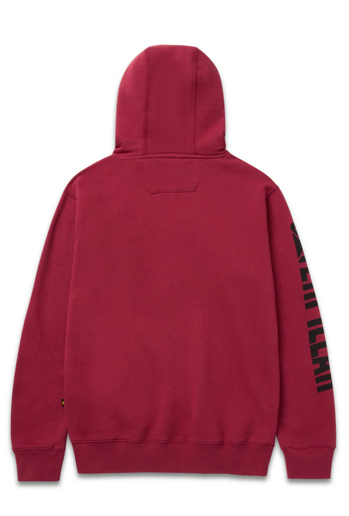 The CAT Trademark Banner Hooded Sweat is a red hoodie with a plain back, featuring a black graphic text on one sleeve. It has the hood up and is made of soft fleece lining, providing warmth and comfort.