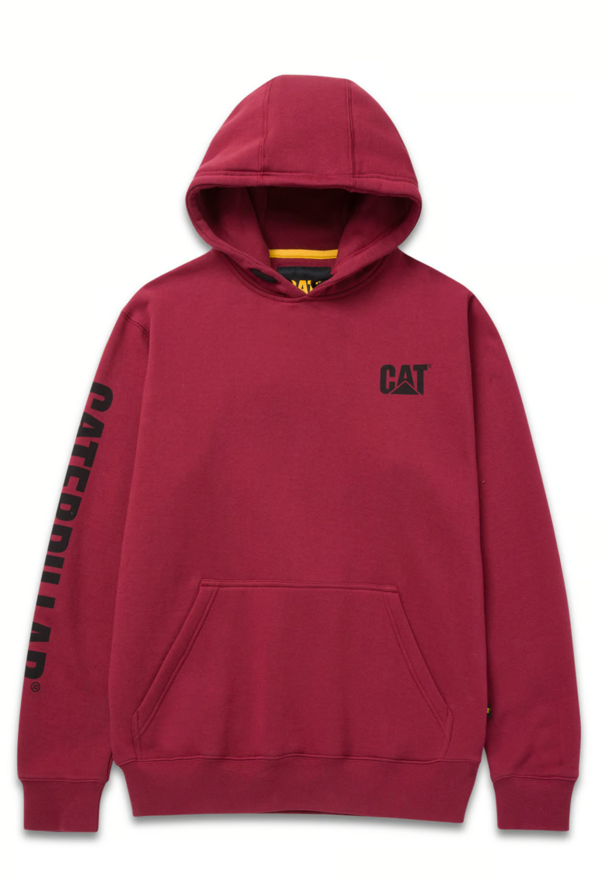 The CAT Trademark Banner Hooded Sweat is red with a warm fleece lining, featuring "CATERPILLAR" in bold black on the right sleeve. The iconic "CAT" logo appears on the left chest, and it includes a handy hood and front pocket for style and convenience.