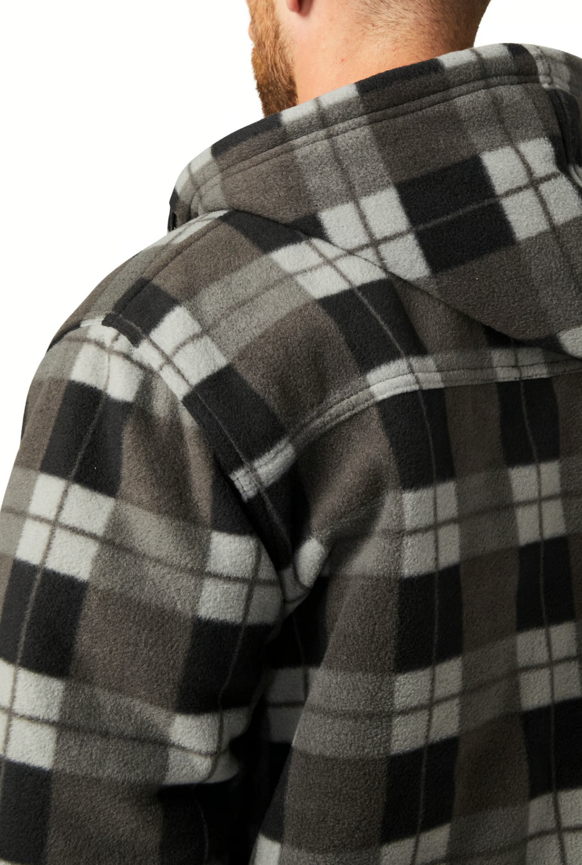 A close-up shows a person from behind in the CAT Active Work Jacket, featuring a black, gray, and white plaid pattern and an adjustable hood, set against a white background.