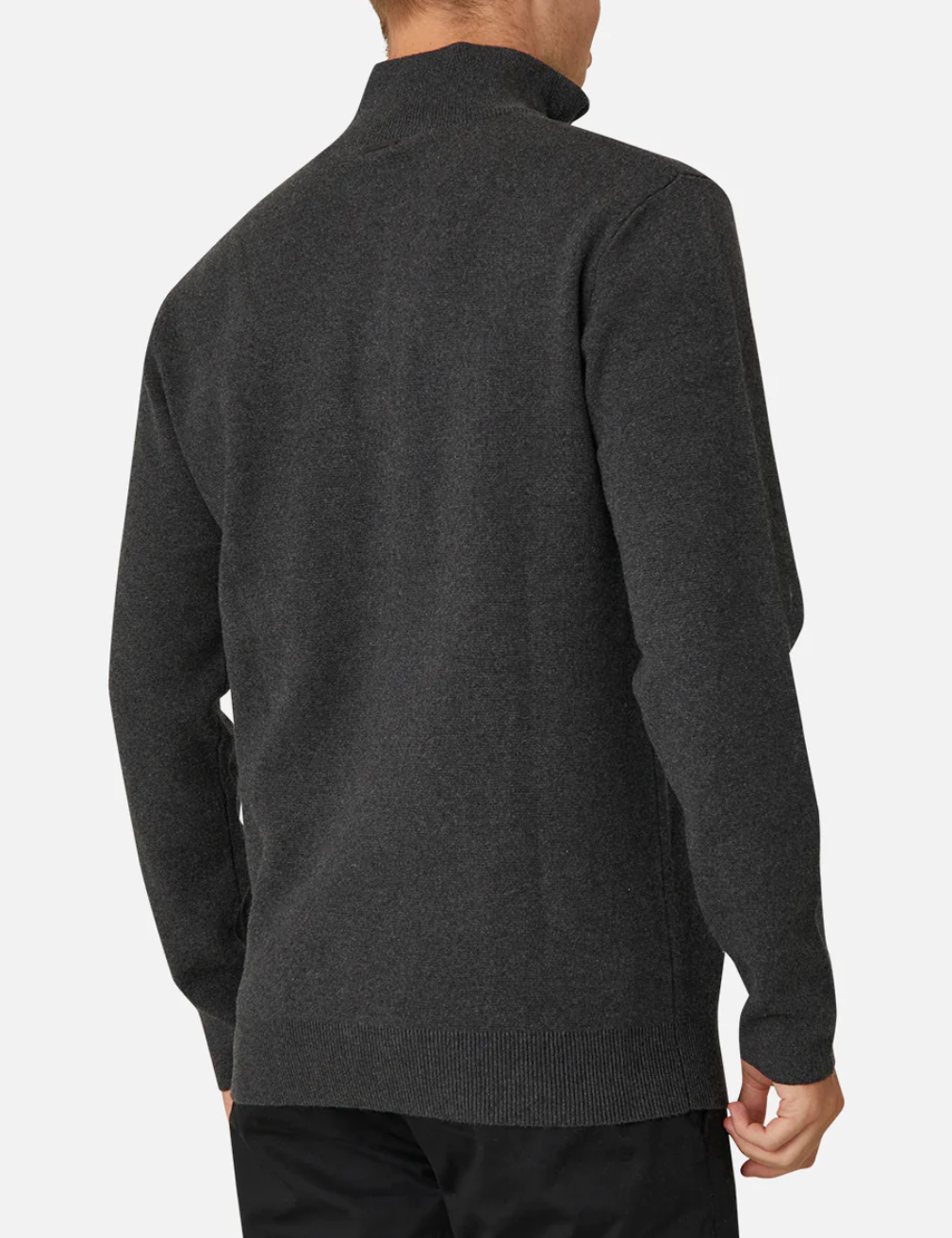 A person is seen from the back wearing the Industrie The Lakewood Zip Neck, a dark gray regular fit jumper with a high collar in 100% cotton, featuring ribbed hem and cuffs. It’s paired with black pants against a plain white background.