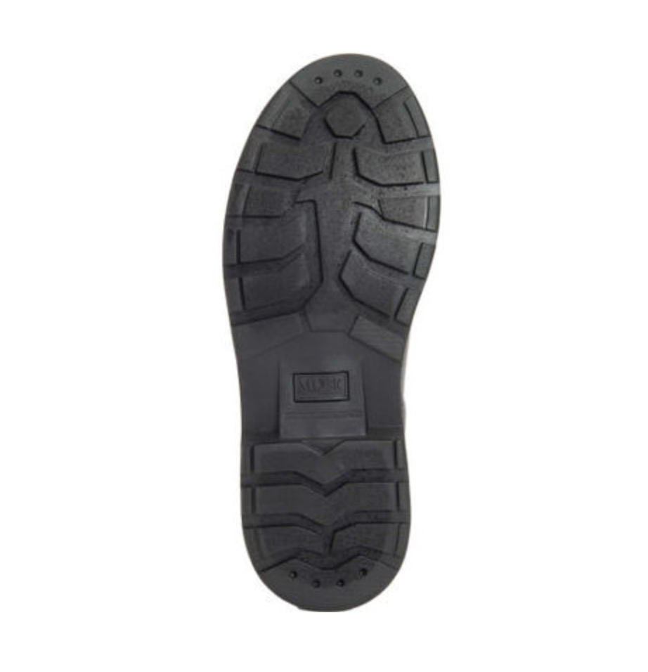 The Muck Boot Originals Womens Ankle Boot sole is made of black rubber with deep, rugged treads for traction. Seen from the bottom on a white background, it features a rectangular logo at the center and is designed for women’s ankle boots.