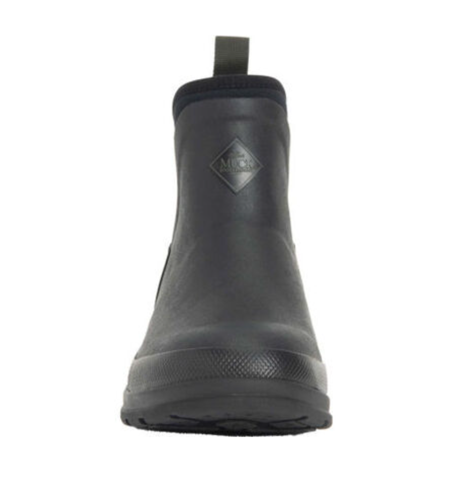Front view of the Muck Boot Originals Womens Ankle Boot in black, waterproof with a back pull tab, antimicrobial footbed, and a diamond-shaped Muck logo on the front.