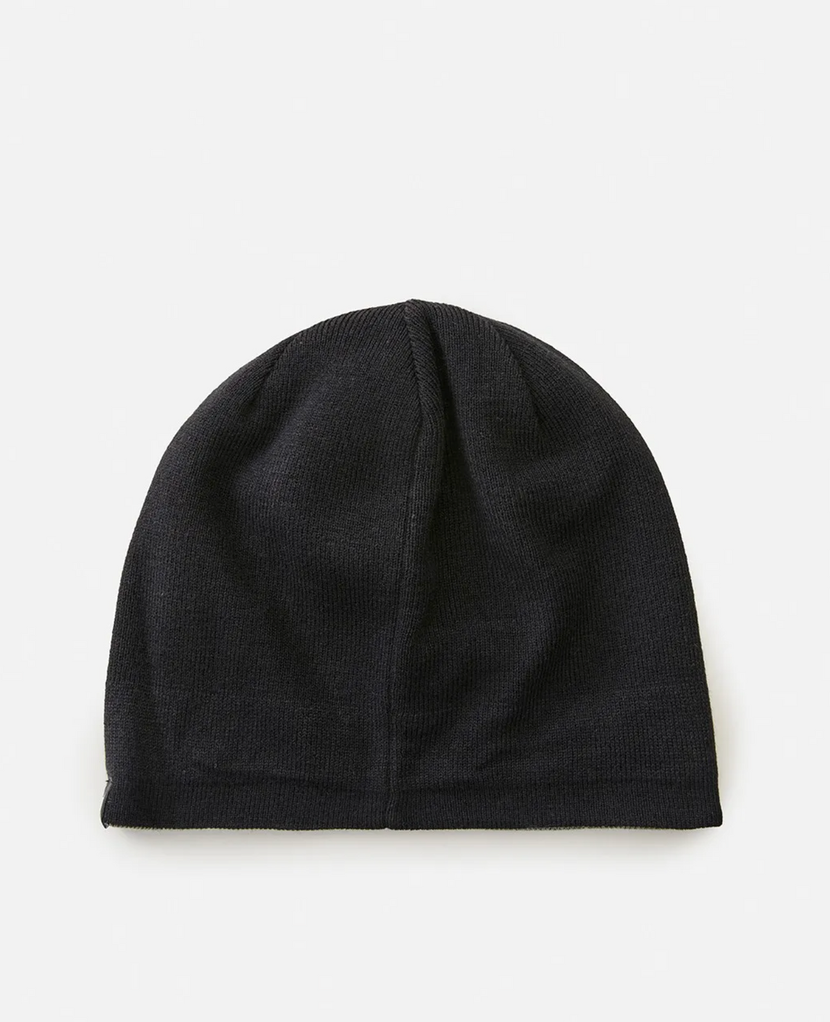 A black Rip Curl Cutback Revo Beanie with a reversible design is laid flat on a light background.