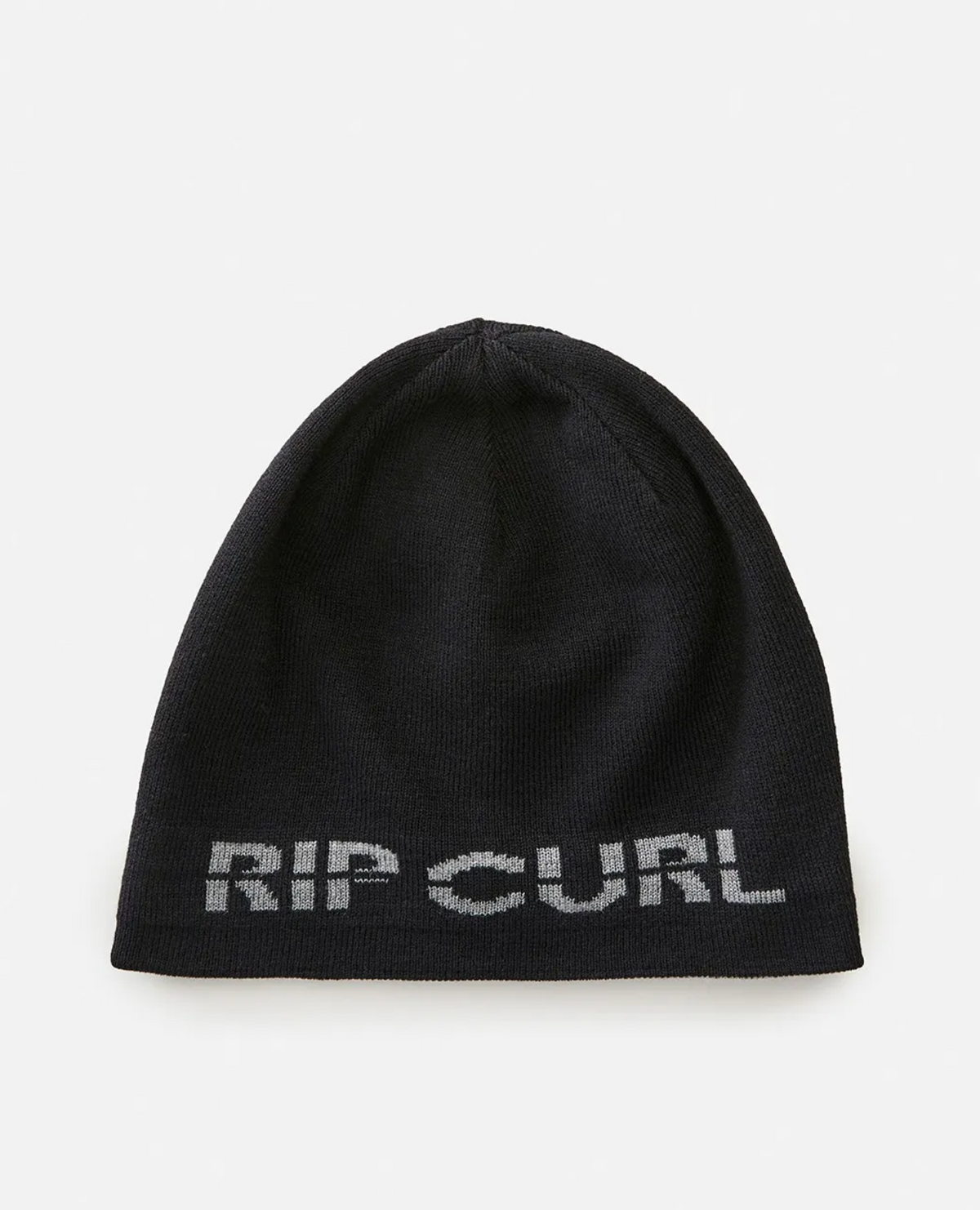 The Rip Curl Cutback Revo Beanie features "RIP CURL" in gray on the front, offering a reversible design that blends style and versatility against a plain white background.