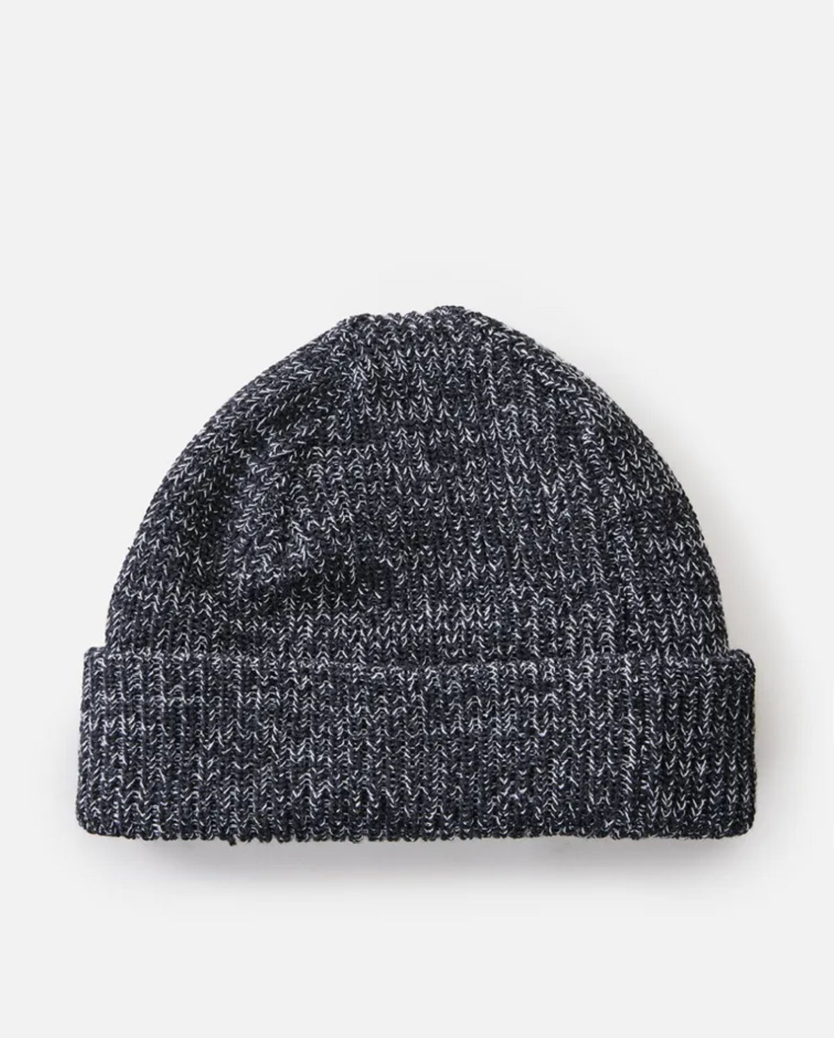The Rip Curl Dusk Fleece Lined Regular Beanie is a dark gray rib knit with a folded brim and marled black-and-white threads, shown on a plain white background.