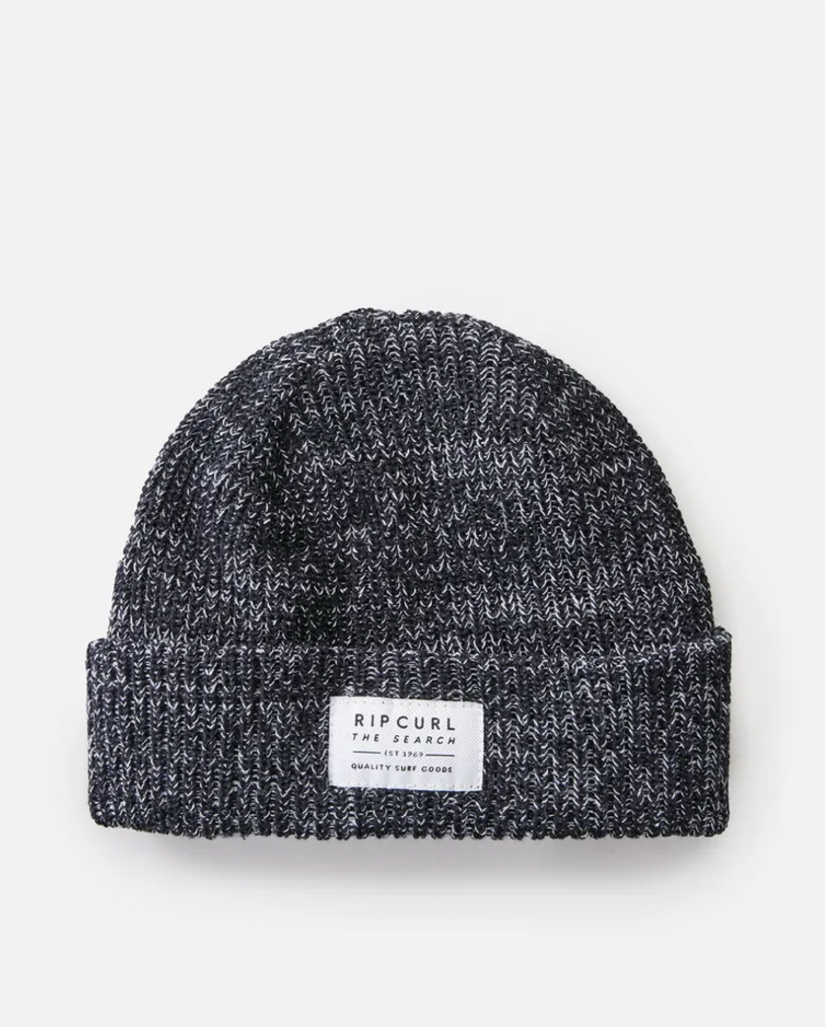 The Rip Curl Dusk Fleece Lined Regular Beanie features a black and white marled rib knit design, folded brim, and a white rectangular "Rip Curl" logo patch on the front.