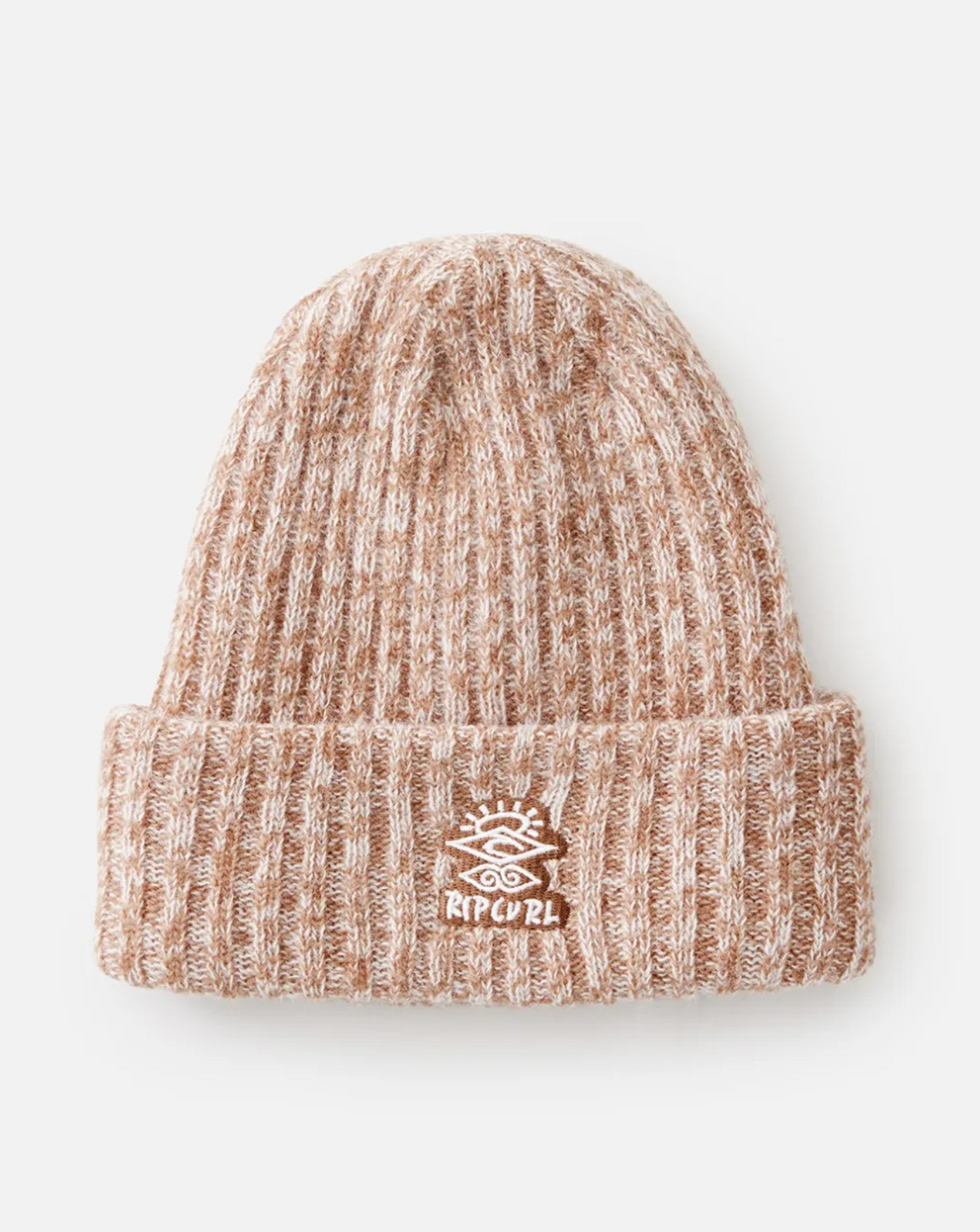 Introducing the Rip Curl Twist Wool Blend Beanie in tan and white ribbed knit, designed with a folded brim. The front features an embroidered RIP CURL logo, showcasing an eye and wave symbol over the text "RIP CURL." Crafted from a premium Australian wool blend, this beanie combines style with comfort. Background is white.