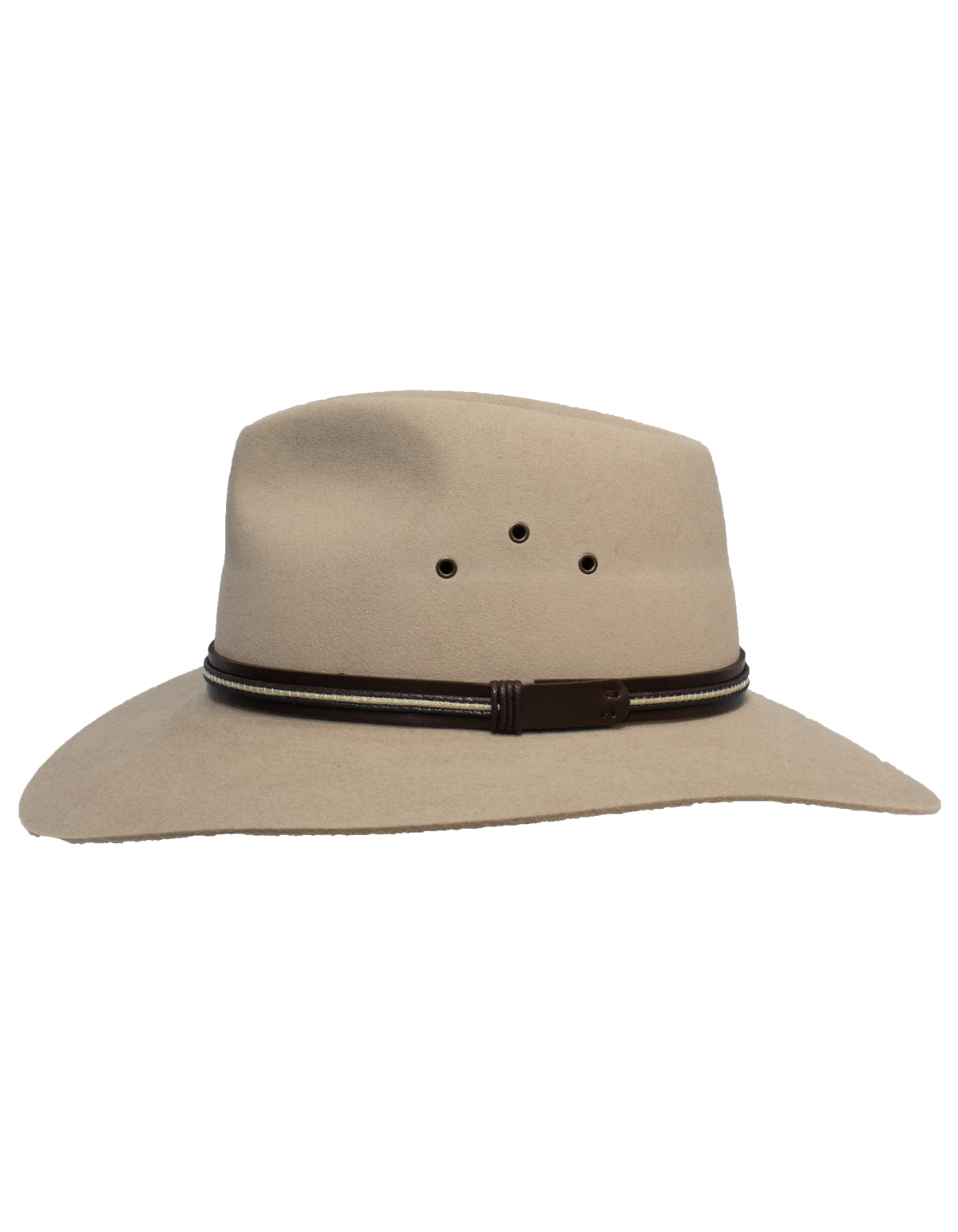 The Sovereign Cattleman, a beige wide-brimmed hat made from rabbit fur felt, features three side ventilation holes and a dark brown leather band with a small decorative piece, all while maintaining its classic structured design.