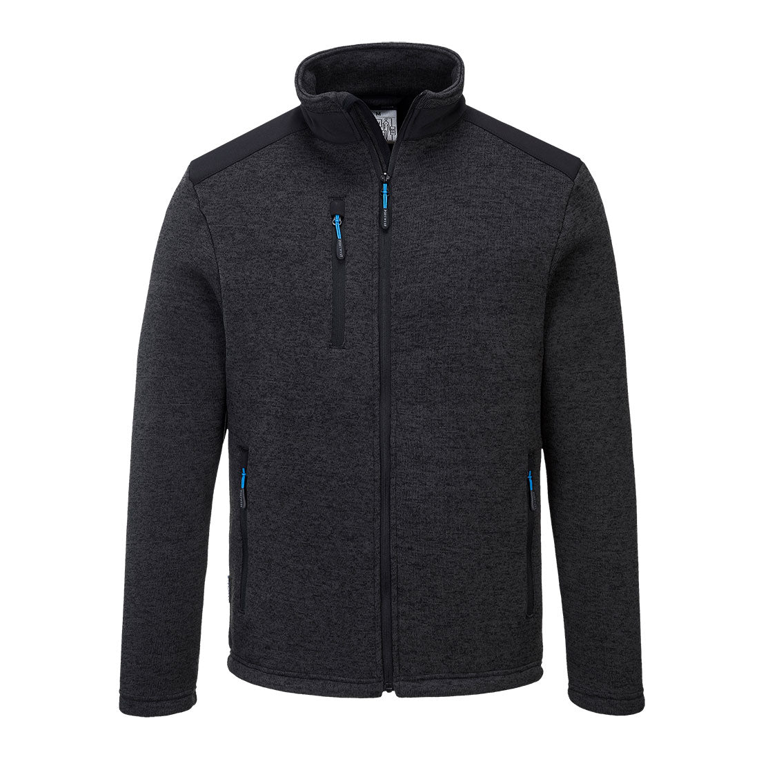 Introducing the Portwest KX3 Performance Fleece, a dark grey, full-zip jacket designed for comfort with a high collar and black shoulder accents. It features three zippered pockets—one on the left chest and two near the waist—all adorned with blue zippers. Reinforced panels enhance its thick material, making it perfect for cold weather conditions.