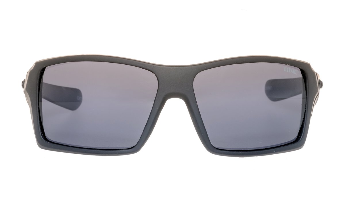 A pair of Liive The Edge Polar Float sunglasses is shown against a plain white background. These black rectangular sunglasses feature dark tinted, polarised grey lenses and a thick, sturdy frame that provides a bold look. The brand name "Liive" is subtly visible on one side, ensuring UV protection with style.
