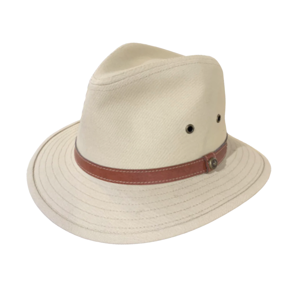 The Avenel Blocked Canvas Hat is a beige fedora featuring a brown band around the base of the crown. Made from comfortable cotton, it sports a classic pinched front and includes small ventilation holes on each side. Its slightly upturned brim gives it a stylish look. This casual hat is isolated on a white background.