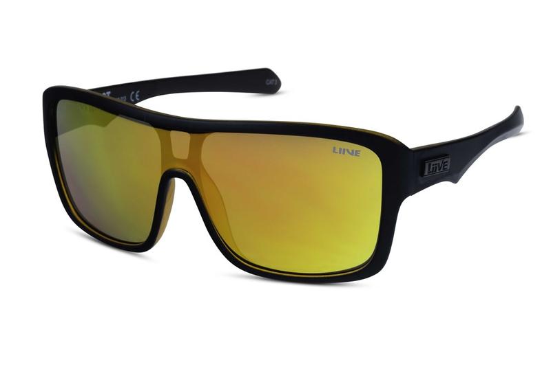 Liive Verdict Mirror Sunglasses feature large rectangular yellow-mirrored lenses, thick black polycarbonate frames, and UV protection. "LINE" is printed on the upper lens corner and arms for a sleek, bold look.