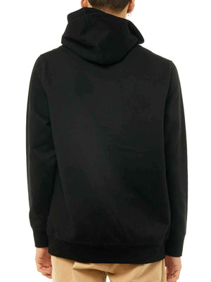 A person is shown from behind wearing the Rusty Short Cut Hooded Fleece in black and tan pants, against a plain white background.