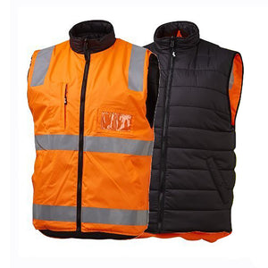 The XAX Reversible Puffa Vest features a bright orange side with hi-vis reflective stripes and a plain black puffer side for warmth. Both sides include front zippers and pockets.