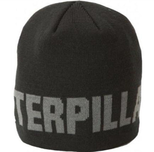 The CAT Branded Beanie features the word "CATERPILLAR" knitted in large gray letters encircling the lower portion of this black beanie. Made from thick acrylic fabric, this branded beanie looks warm and ideal for cold weather.