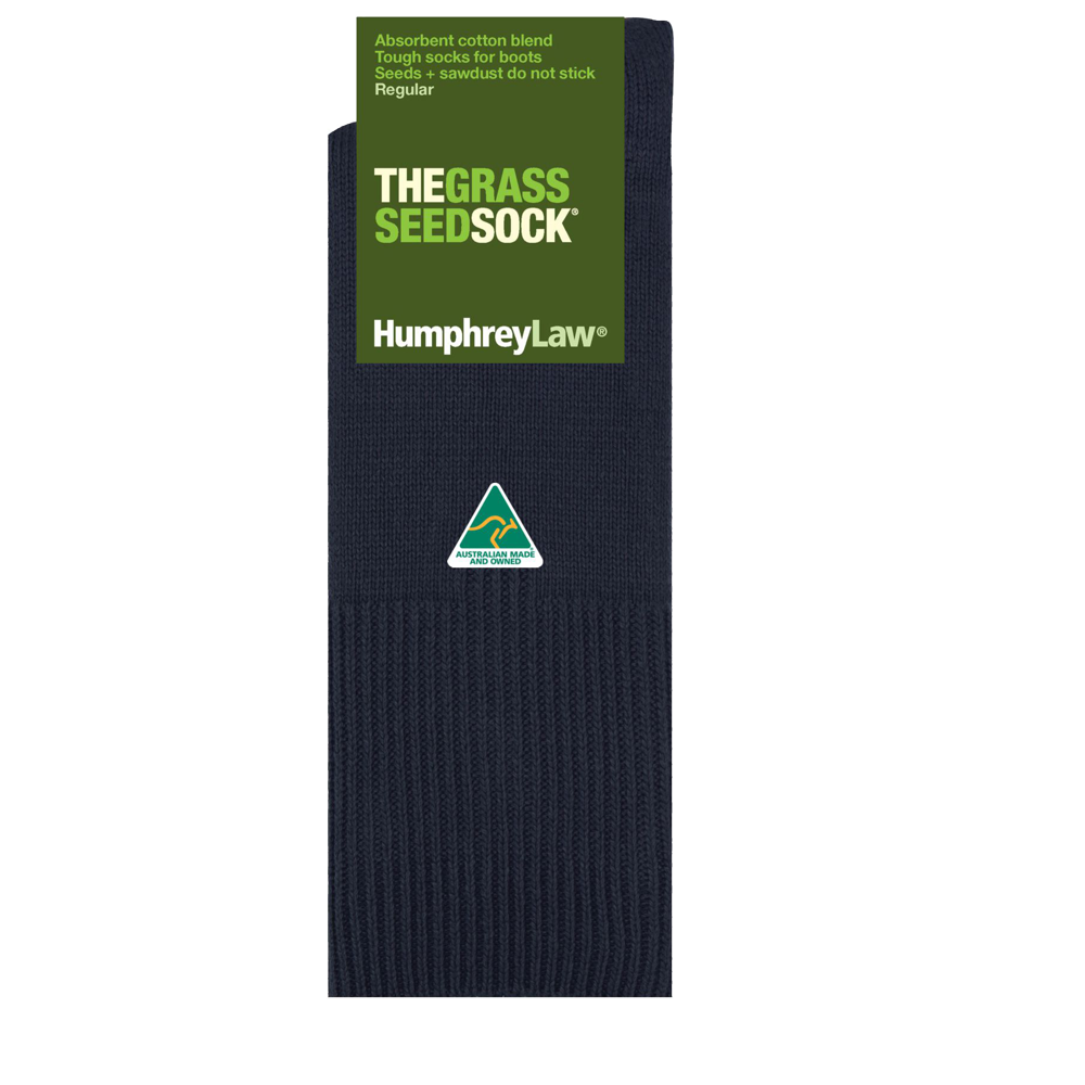 A package of navy blue socks labeled "Humphrey Law Grass Seed Sock - Short," made in Australia. The absorbent cotton blend design prevents seeds and sawdust from sticking, making them perfect for boots. The socks come in a regular size.