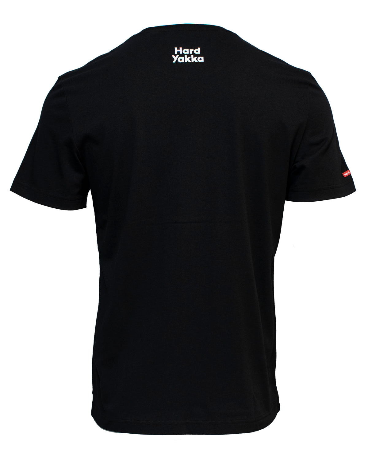 This is the back view of a black Hard Yakka Crew Neck T-Shirt. The comfortable short-sleeve shirt features the brand's name "Hard Yakka" printed in white near the neckline, along with a small red tag on the right sleeve. Crafted from 100% cotton, this plain T-shirt has no other visible designs.