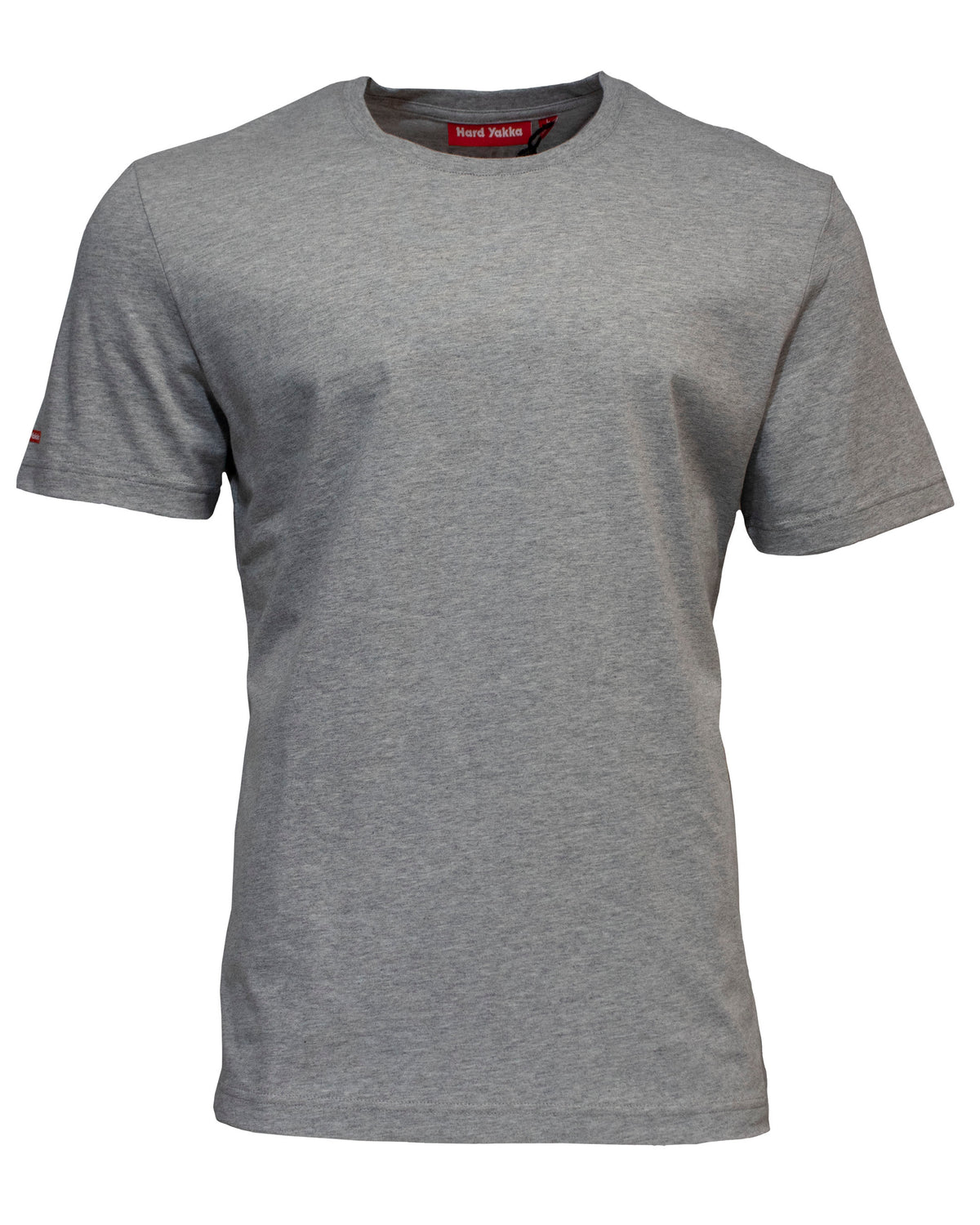 The Hard Yakka Crew Neck T-Shirt is a 100% cotton, short-sleeved grey t-shirt featuring a round neckline. This comfortable t-shirt is made of soft fabric and includes a small red tag with text on the inside of the neckline. Both the sleeves and hem are neatly finished.
