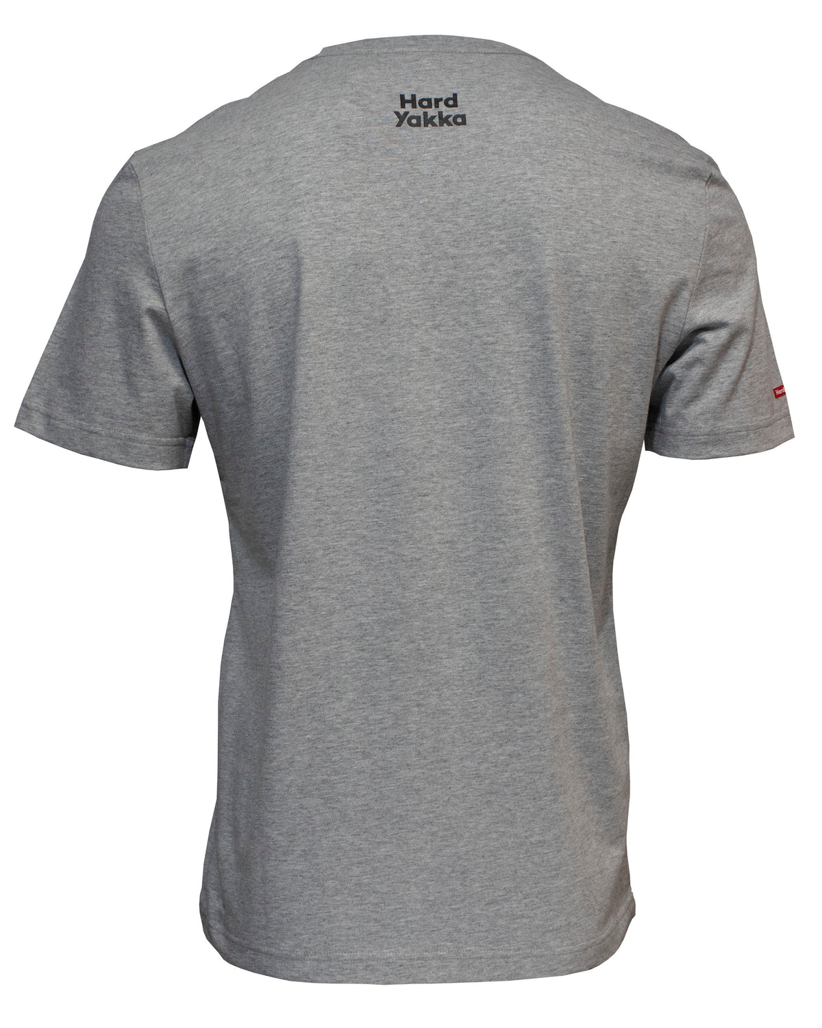 Back view of the Hard Yakka Crew Neck T-Shirt, showcasing its plain gray, 100% cotton fabric. The text "Hard Yakka" is printed in black at the upper center near the neckline. This T-shirt features a simple, classic design with short sleeves, ensuring comfort for everyday wear.