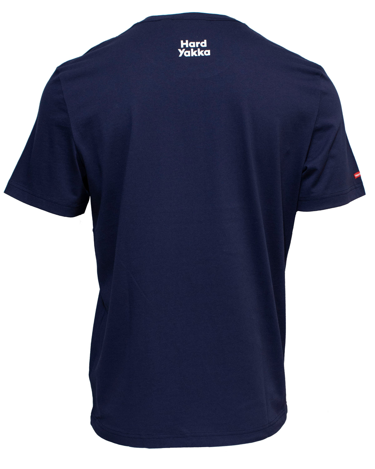 The Hard Yakka Crew Neck T-Shirt, depicted from the back, is a navy blue short-sleeve shirt featuring "Hard Yakka" printed in white text at the top near the neckline. A small red and white tag can be seen on the left sleeve.