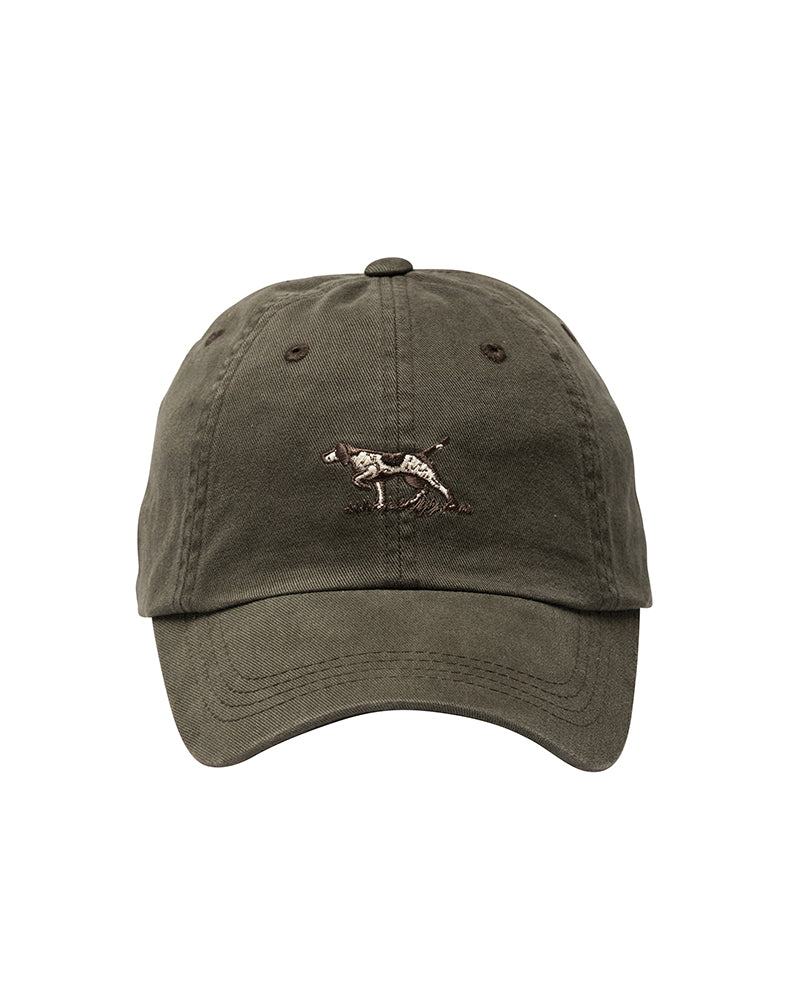 The Rodd & Gunn Signature Cap is a green cotton twill baseball cap featuring a small embroidered dog image on the front and an adjustable strap for the perfect fit.