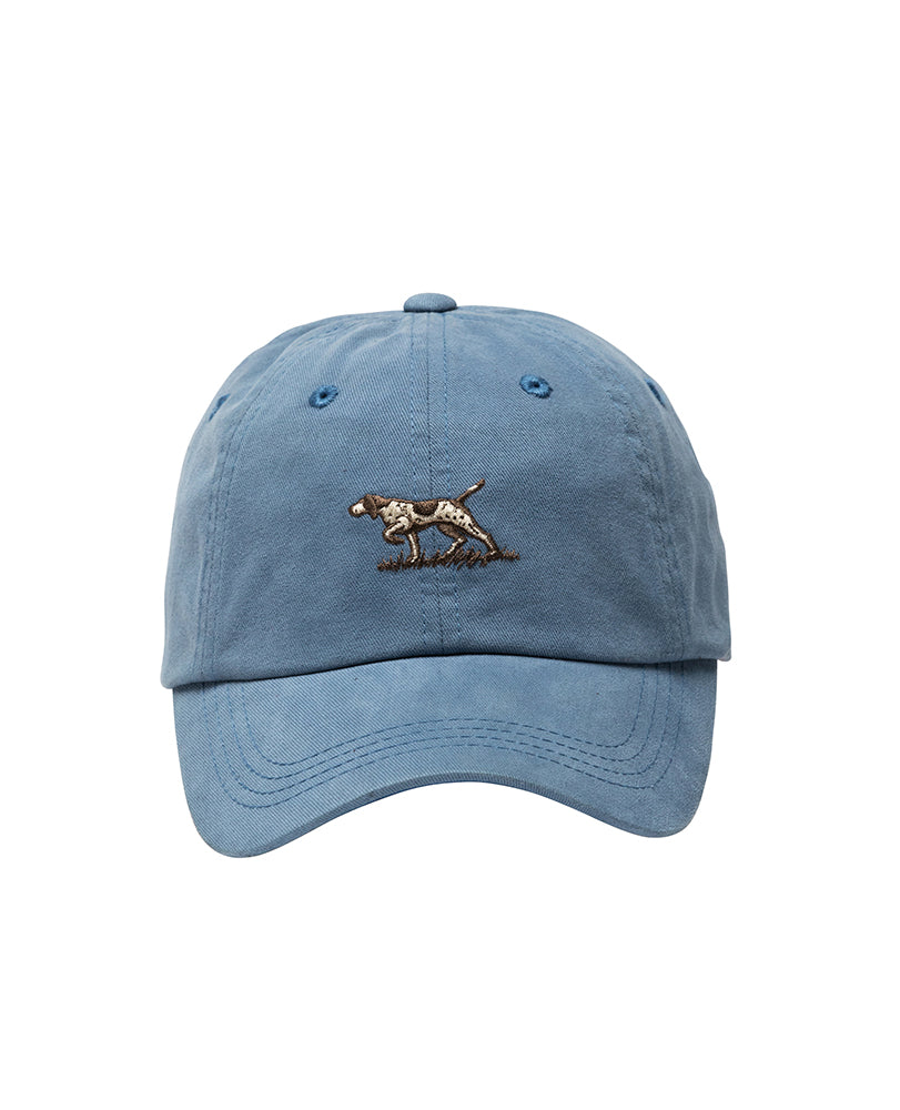 The Rodd & Gunn Signature Cap in light blue cotton twill features an embroidered image of a running dog on the front, along with ventilation eyelets and a curved brim.