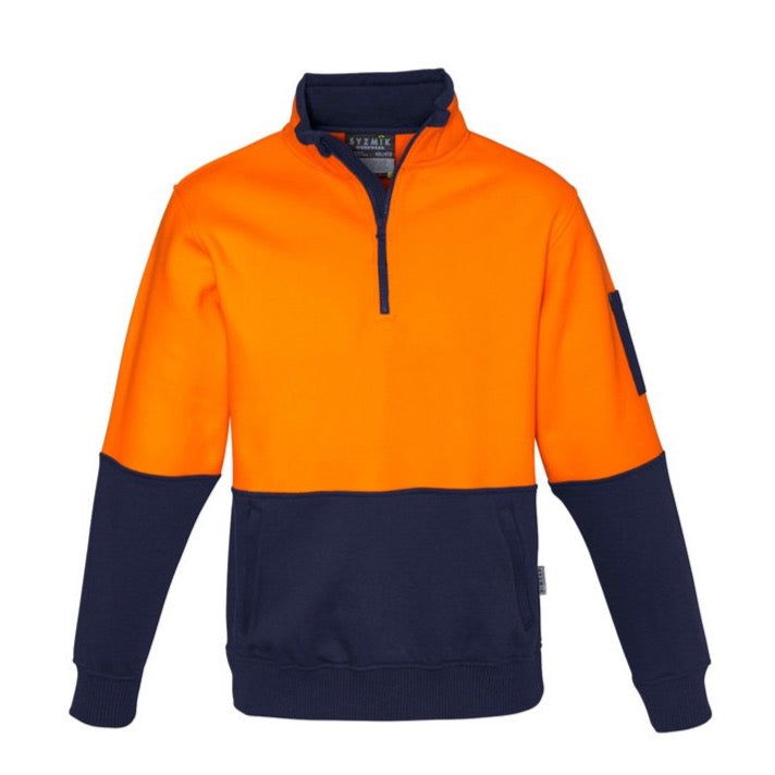 The Syzmik Hi Vis Half Zip Pullover combines high visibility with comfort. Its design features a bright orange upper portion for enhanced visibility and navy blue lower portion, sleeves, and collar. The pullover also includes a convenient pocket on the left sleeve and has ribbed hems and cuffs for added style. Made from 100% polyester, it ensures both durability and comfort.