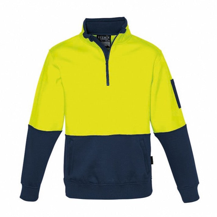 The Syzmik Hi Vis Half Zip Pullover features a high-visibility design with a bright yellow top half and a dark blue bottom, collar, sleeves, and hem. This comfortable pullover includes both a left sleeve pocket and a front kangaroo pocket. Made from 100% polyester, it ensures durability.