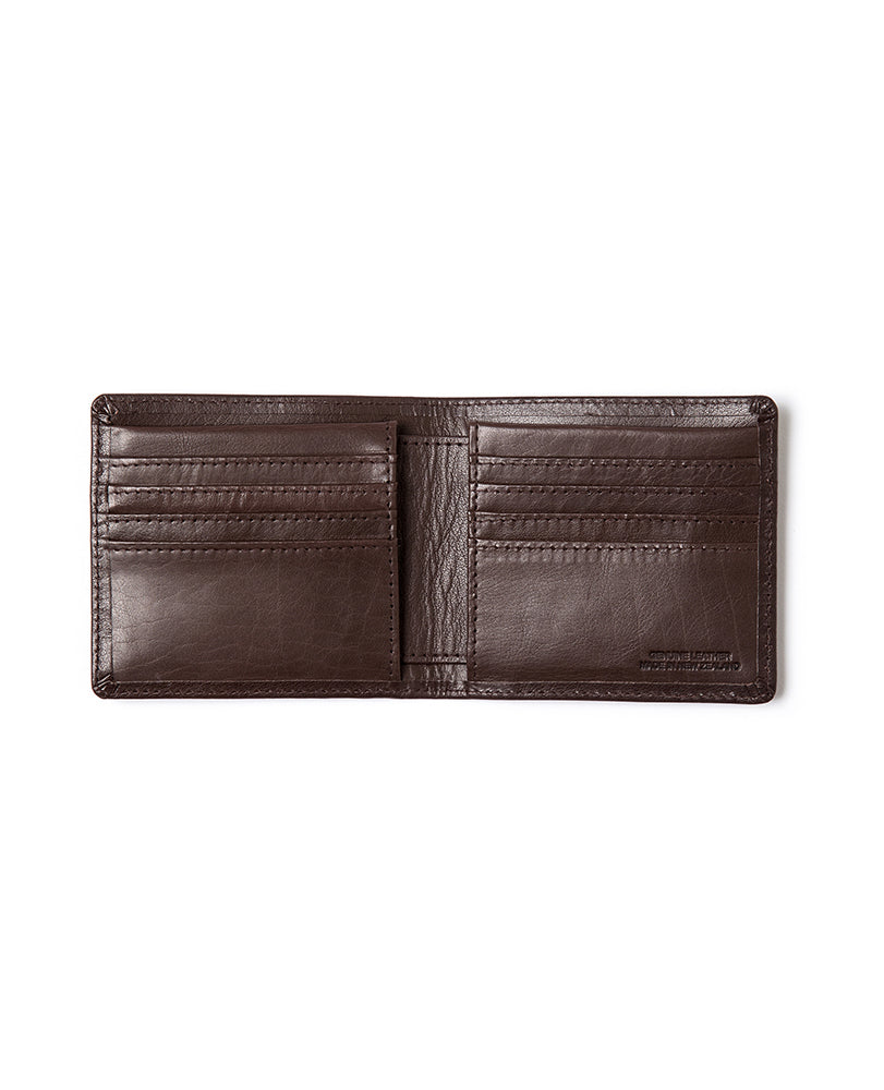 An open Rodd & Gunn Marybank Wallet in dark brown buffalo leather with multiple card slots and pockets on both sides, shown on a white background.