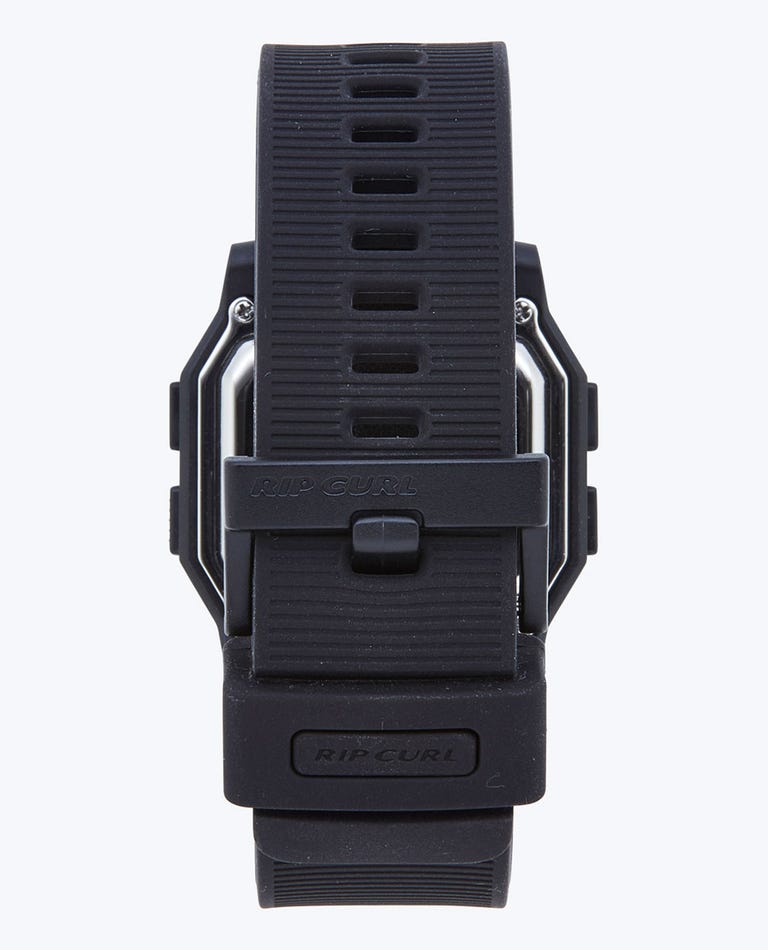 Close-up of the black Rip Curl Atom Digital Watch’s ribbed waterproof strap and buckle, viewed from the back. The Rip Curl logo is visible on both the buckle and strap loop.