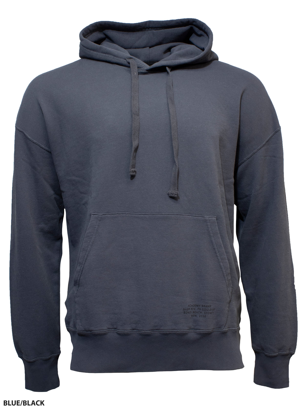 The Academy Brand Bondi Hood in Blue/Black features a drawstring hood, front kangaroo pocket, and long sleeves, shown against a plain white background.