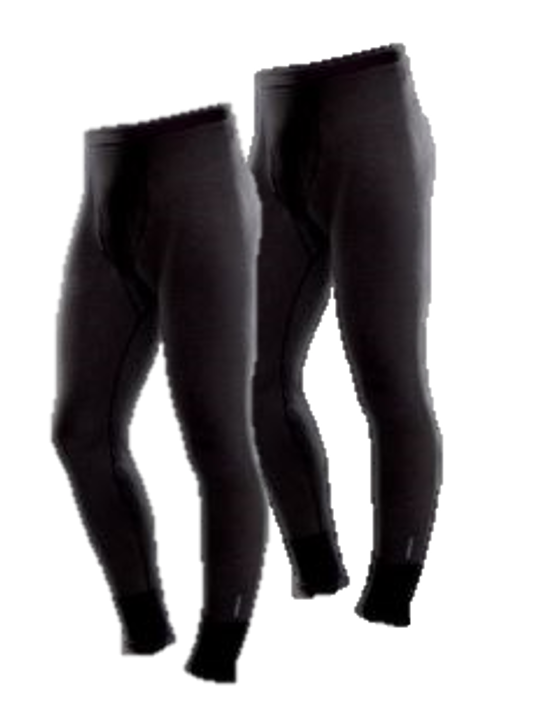 Two pairs of black Holeproof Aircel Long Johns are shown side by side against a white background. Designed as winter undergarments to provide warmth, they offer a snug fit with elastic waistbands and cuffs at the ankles.