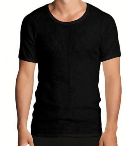 The image features a person donning the Holeproof Aircel Short Sleeve Tee, an understated black shirt with short sleeves. Made from a cotton polyester blend, it boasts a round neckline and a fitted silhouette. The individual is shown from neck to waist against a white background.