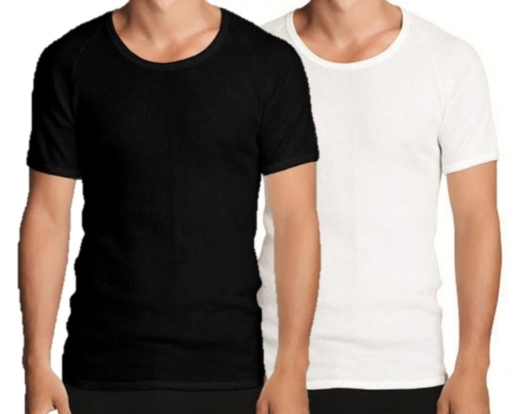 Two people are shown wearing Holeproof Aircel Short Sleeve Tees. The person on the left is dressed in a black tee, while the person on the right is in a white tee. Both snug-fitting shirts are ribbed and made from a cotton polyester blend. Only the torsos and necks of the individuals are visible.