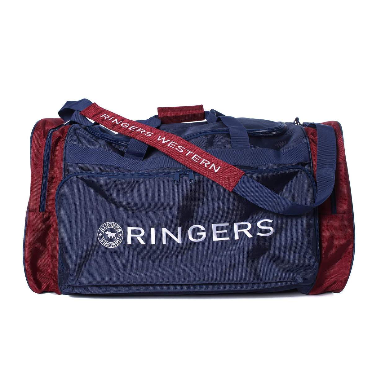 The Ringers Western Coolabah Sports Bag is a blue and maroon duffel featuring multiple large zippered compartments. It has a long, adjustable shoulder strap with "Ringers Western" and "Ringers" printed in white on the front pocket.