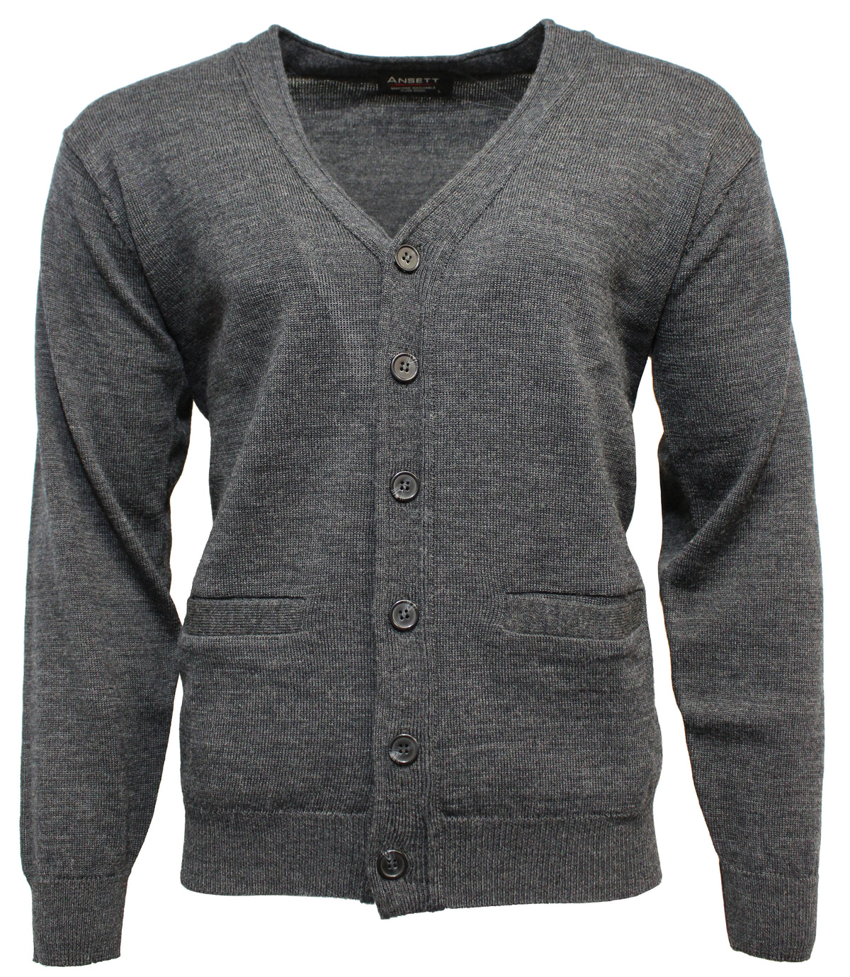 The Ansett Superwash Wool Cardigan is a stylish, gray, long-sleeve V-neck cardigan featuring a deep V neck and a button-down front. Made from 100% wool, it includes two front pockets and has a ribbed hem and cuffs.