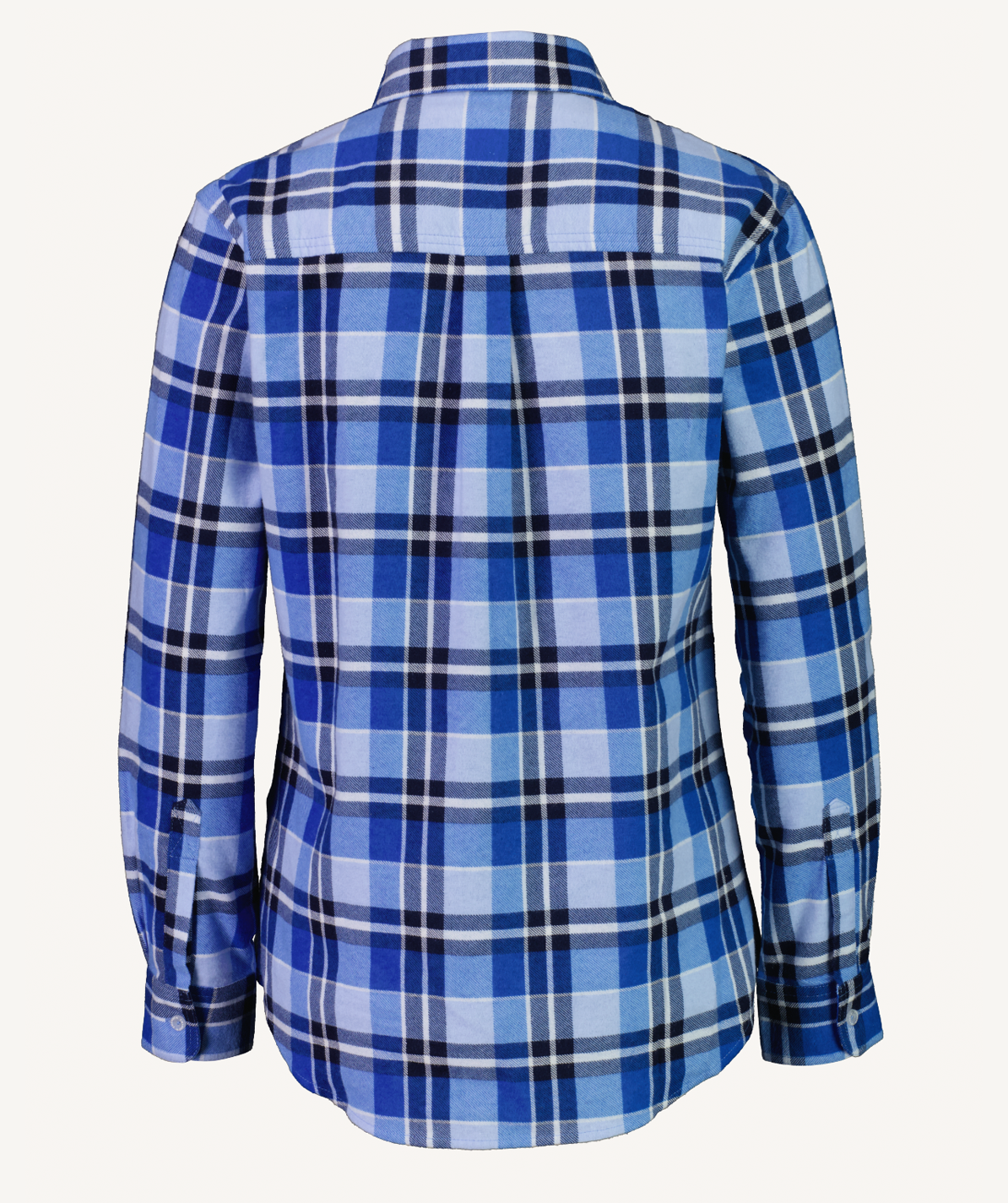 The Swanndri Womens Egmont Flannelette Twin Pack includes a blue and white plaid long-sleeve shirt made from soft brushed cotton, featuring a collar and buttoned cuffs, shown from the back.