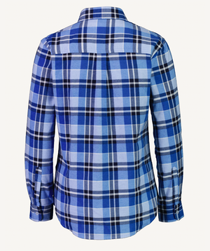The Swanndri Womens Egmont Flannelette Twin Pack includes a blue and white plaid long-sleeve shirt made from soft brushed cotton, featuring a collar and buttoned cuffs, shown from the back.