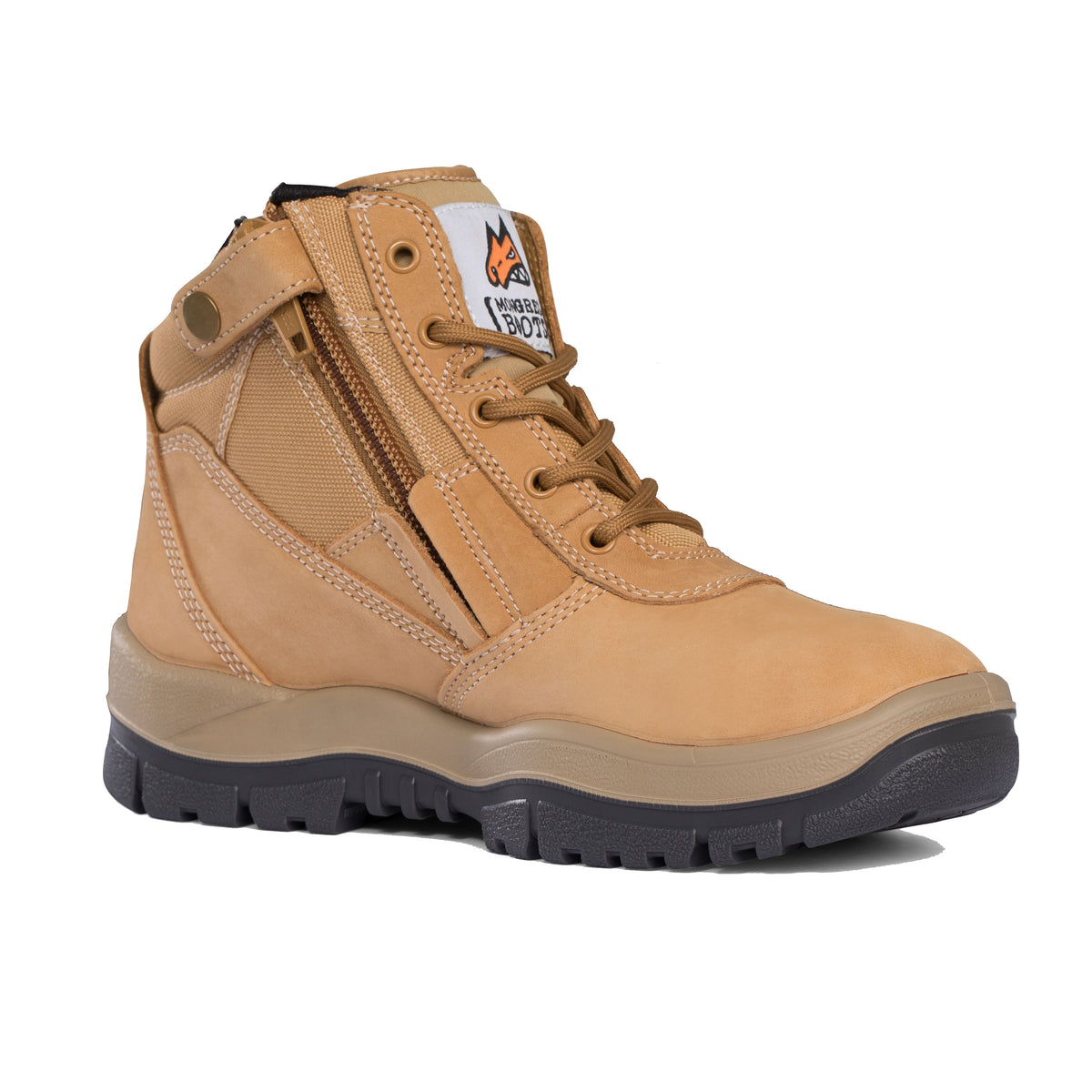 The Mongrel ZipSider Safety Boot 261050 is a single tan-colored work boot featuring a rugged dark grey sole with deep treads for superior traction. It has a lace-up design, reinforced stitching, an orange and white branded tag on the tongue, and slip-resistant soles. Additionally, it includes a side zipper for easy access.
