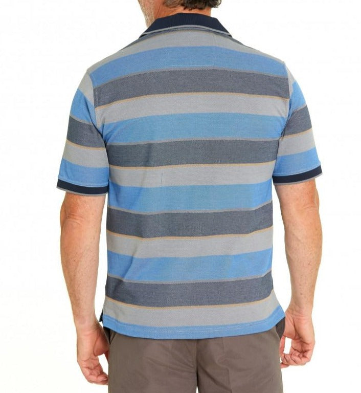 A man is shown from the back wearing the Breakaway Tyrel Micro Prima Polo, a regular fit, short-sleeved, blue and gray striped shirt, paired with gray shorts, standing against a plain white background.