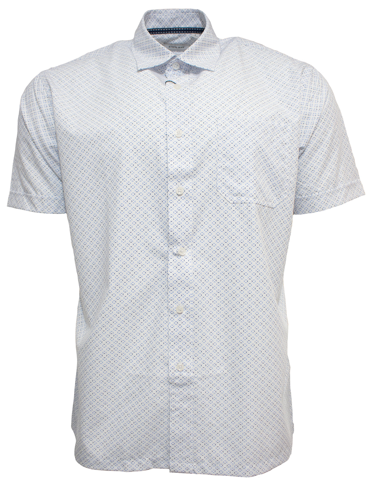 The Back Bay Soft Touch Shirt is a stylish and comfortable light blue short-sleeve button-up featuring a subtle dotted pattern. Made from a bamboo/polyester blend, it includes a standard collar and a single left-side chest pocket. Displayed against a plain white background, it's perfect for outings in Back Bay.
