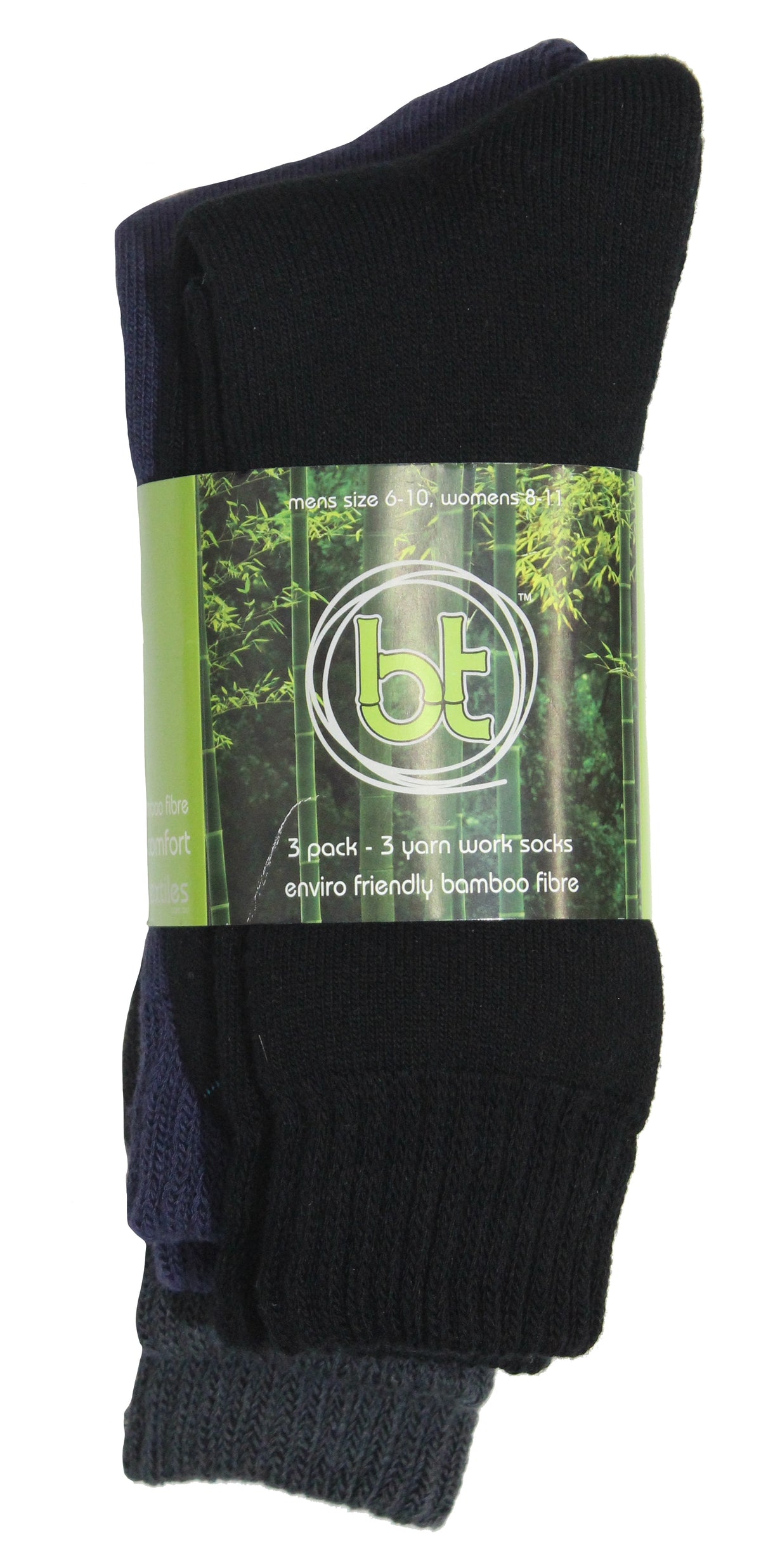 A three-pack of Bamboo 3 Yarn Work Socks in black and dark colors for men and women is displayed. The green-packaged design, adorned with bamboo plants, emphasizes the eco-friendly bamboo fiber used in these socks. They provide blister protection and feature anti-bacterial fabric, fitting men's sizes 6-10 and women's sizes 7-11.