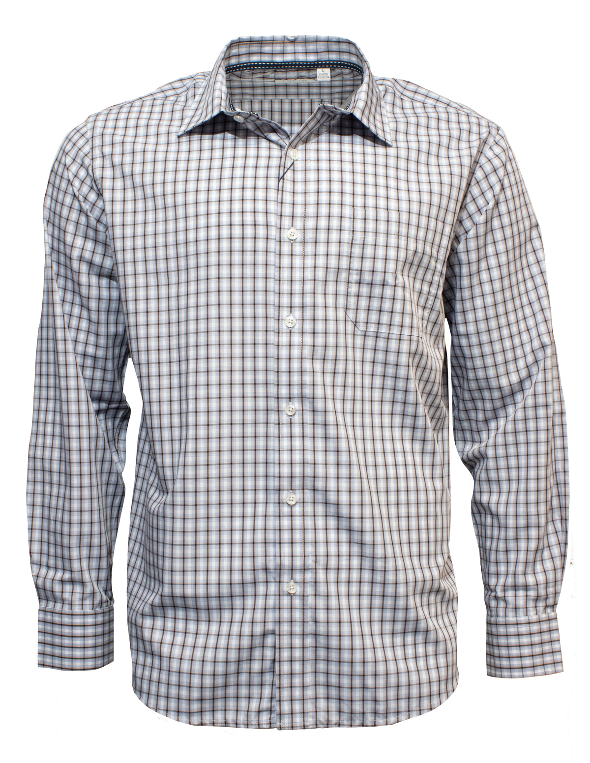 The Back Bay Bamboo Check Shirt showcases a blue and brown checkered pattern on a plain white base. Made from a bamboo/polyester blend, it features long sleeves, buttoned cuffs, white buttons down the front, and a pointed collar.